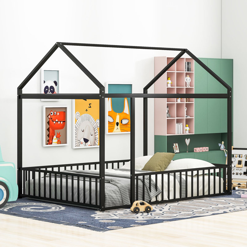 Schererville Metal House Style Floor Bed with Canopy and Guardrails, Full, Black