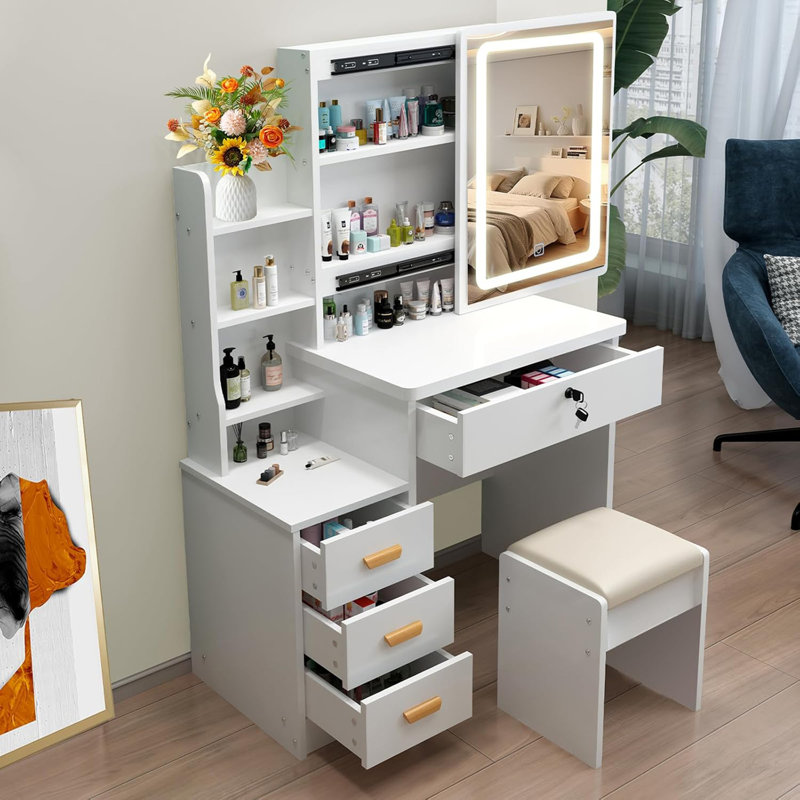 Vanity Desk with Sliding Mirror and Lights