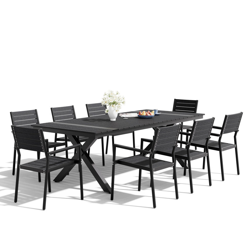 8 - Person Outdoor Patio Dining Set With Umbrella Hole And Armed Chairs, Black