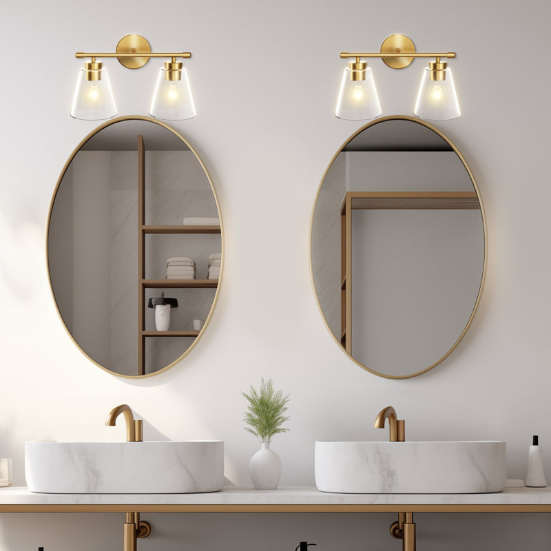 Applique murale pour meuble-lavabo 2 lumières, abat-jour en verre transparent, appliques dorées