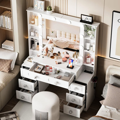 Makeup Table, Mirror, Lights, Glass Top, Drawers, Open Shelves, Charging, Bedroom Dressing Table With 7 Ports, Brightness Control And Hair Dryer Holder For