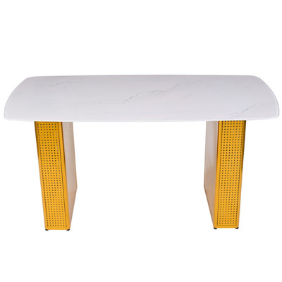 Modern Rectangular Tempered Glass Dining Table, Marble-Patterned Design with Dual-Pedestal Metal Base, Ideal for Dining Room & Home Office