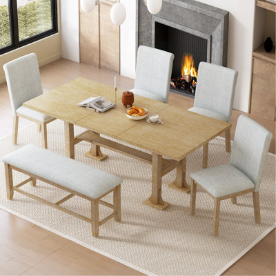 Ensemble de table de salle à manger extensible 76 pièces 76 po avec table à tréteaux amovible 18 po, chaise de salle à manger rembourrée et banc pour salle à manger, naturel