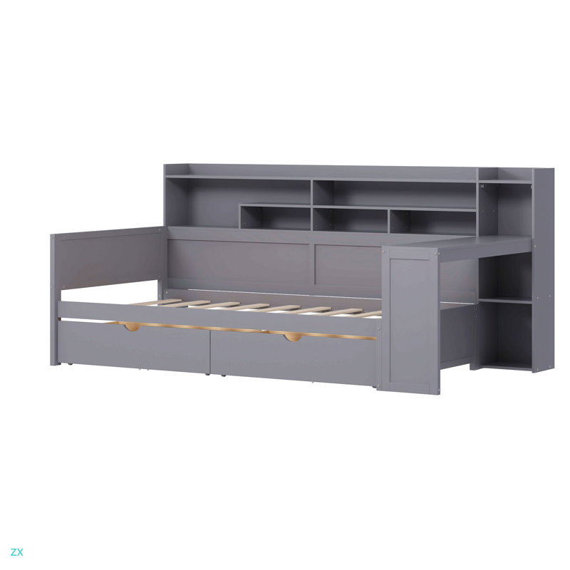 Lit de jour simple en bois avec tablettes de rangement, lit multifonctionnel avec deux tiroirs de rangement et bureau d'étude