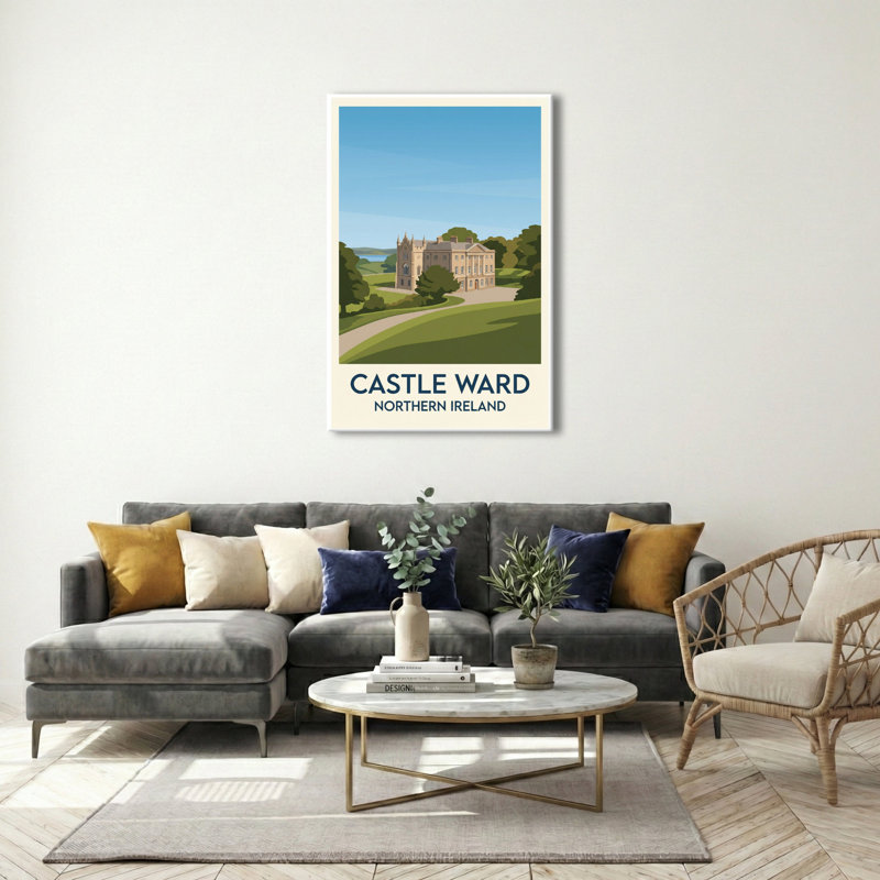 Castle Ward, Northern Ireland - Romantic Travel Poster Of Georgian House And Strangford Lough. Giclee Print On Wrapped Canvas. Wall Art, Home Decor - Castles & Palaces, Northern Ireland - Wrapped Canvas Print