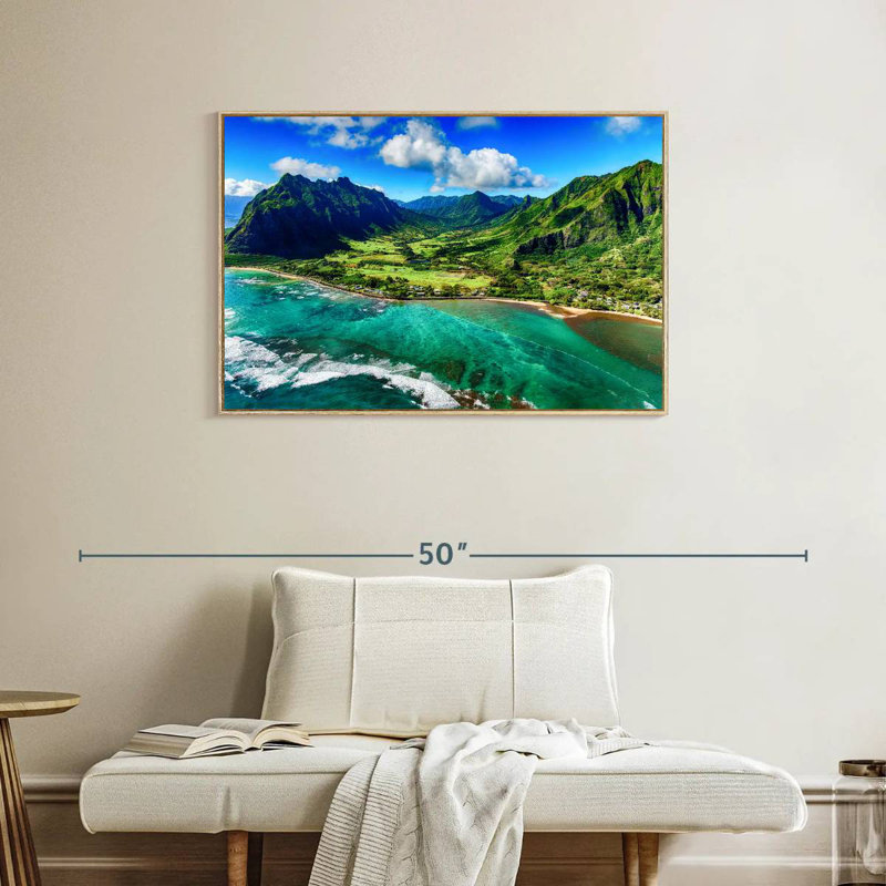 Paysage côtier de Kualoa, Cadre flottant en bois naturel, 37 po x 25 po
