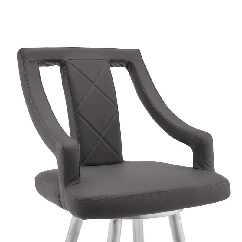 26" Gray Faux Leather And Brushed Stainless Steel Swivel Bar Stool