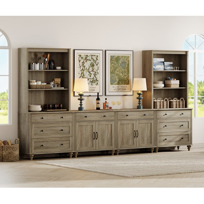 Scarlett Sideboard Cabinet With Bar Hutch, Buffet Cabinet With 4 Wood Doors, 8 Drawers And 3 Tier Shelves, 135