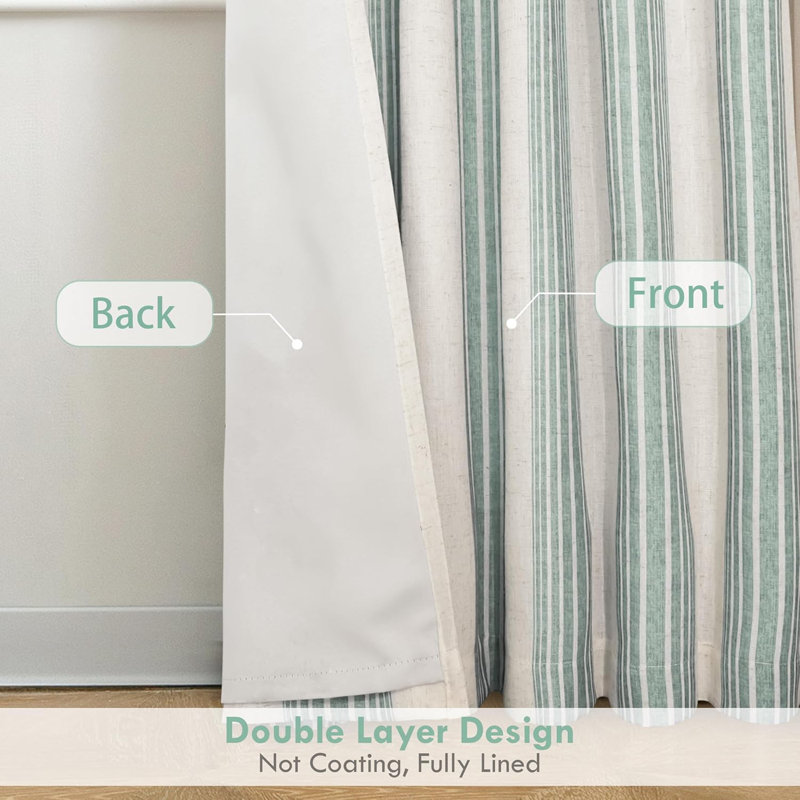 Chris Vertical Striped Linen Blend Lined Thermal Insulated Blackout Rod Pocket Back Tab Curtains, Jade Green, 52" W x 96" L