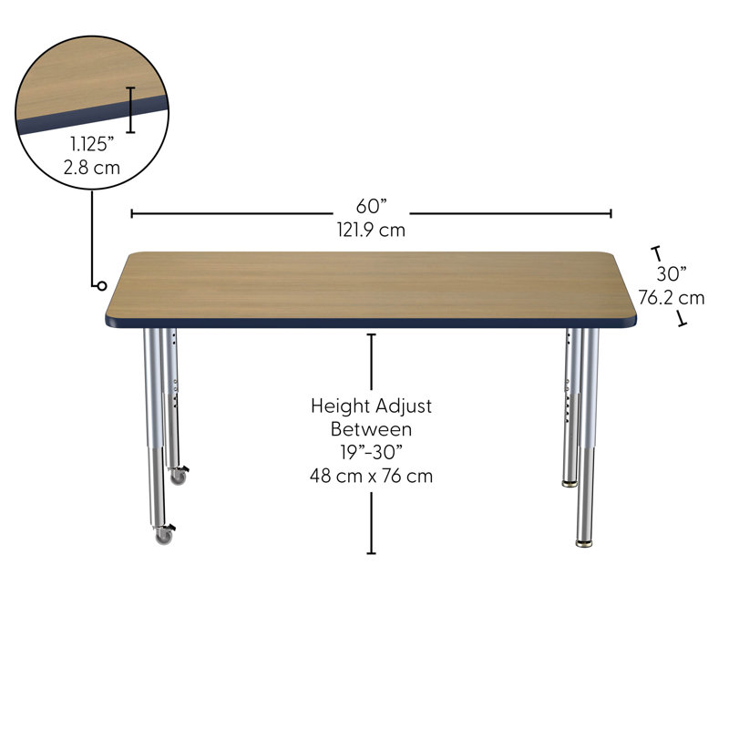 Table rectangulaire d'activité rectangulaire avec pieds réglables, 30" x 60", Chêne Pasadena / bleu marine, Super