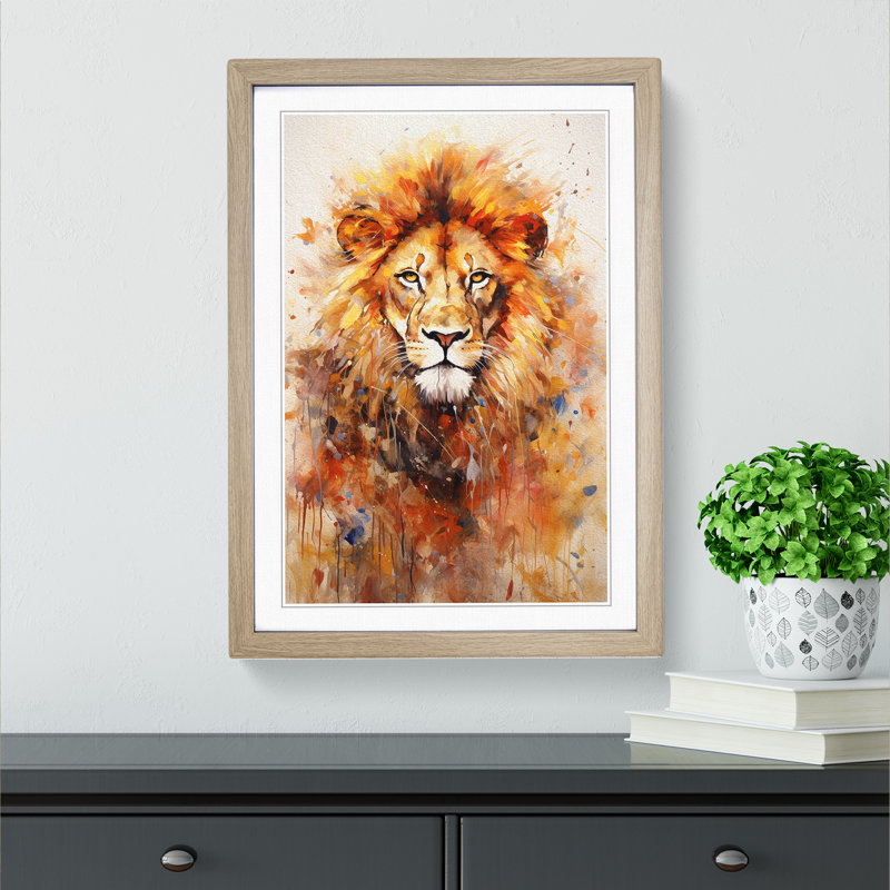 Lion Expressionism - Single Picture Frame Print on Wood, 46cm H x 34cm W x 2cm D, Oak Framed