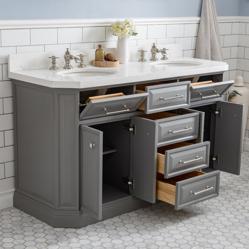 Ensemble de meuble-lavabo double 60 po Bruning Quartz, Gris cachemire, Nickel poli