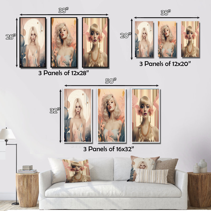 Art nouveau pleine lune blond - ensemble de 3 impressions, Cadre naturel flottant, H 28 po x l 36 po