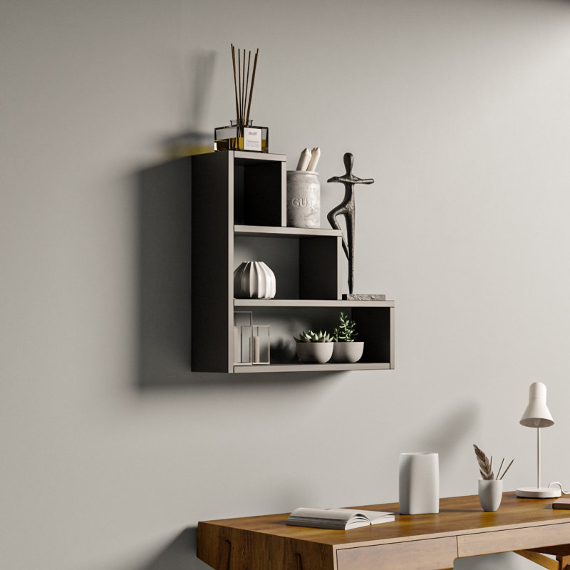 Scandinavian Wall Shelf, Anthracite, 24.4 x 24.4 x 7.1 inches | 100% Melamine Coated Particle Board, Thickness: 0.7 inches | Multiple Shelves, Wall-Mountable Design | Stylish Storage Solution for Modern Spaces