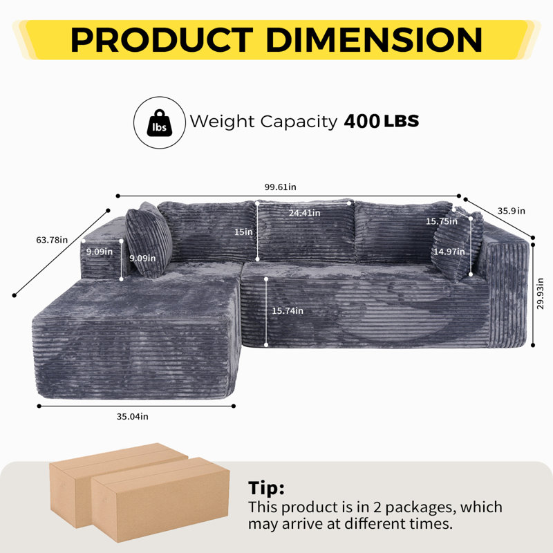 Compression Corduroy Sectionals 100 Inch Modern L Shaped Sofa For Home