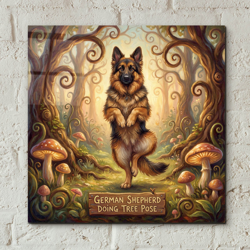  «German Shepherd Yoga Tree Pose» par Rich Monet, art mural en verre acrylique, 12 po x 12 po, H 12 po x l 12 po