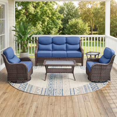 Abbey 5-Piece Wicker Patio Conversation Set With Coffee Table & 6-Inch Luxury Cushions Swivel Chairs, Side Table