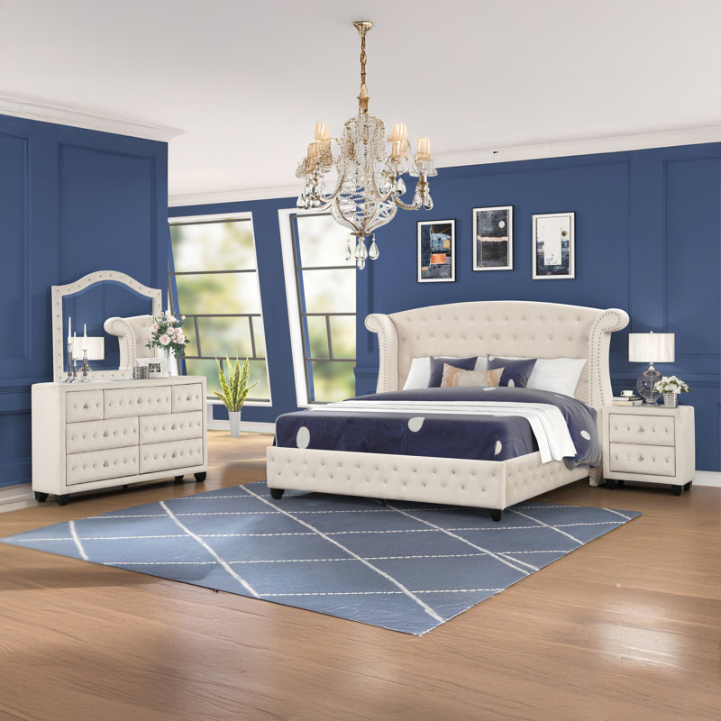 Rausch 4 Pc Bedroom Set, Queen, Cream, 4 Pcs: Bed, Nightstand, Mirror, Dresser