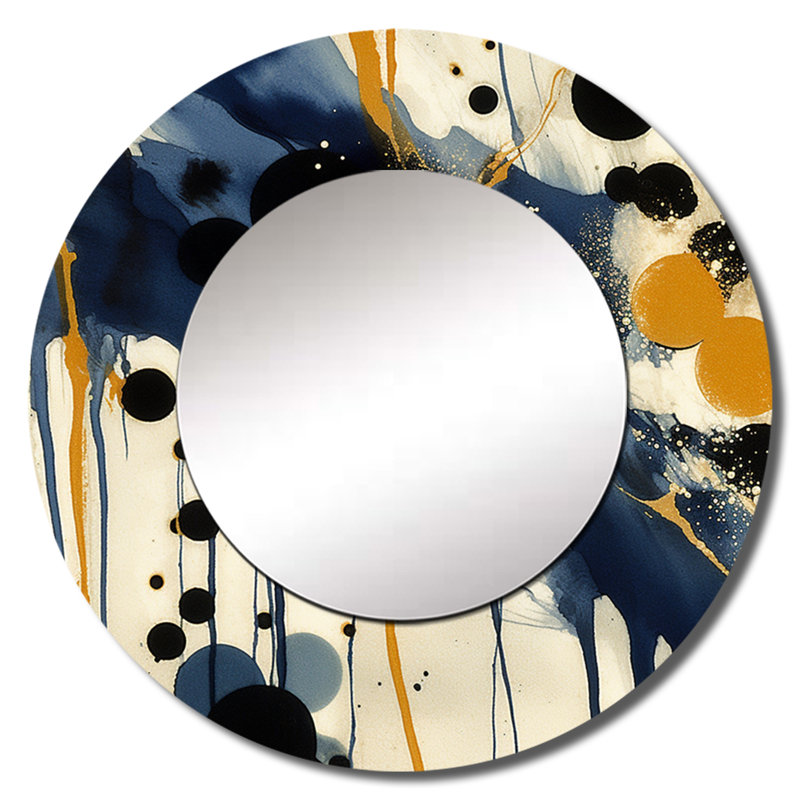 Motif abstrait avec textures bleues et dorées XV - grand miroir mural minimaliste, miroir rond bleu unique, art imprimé en métal