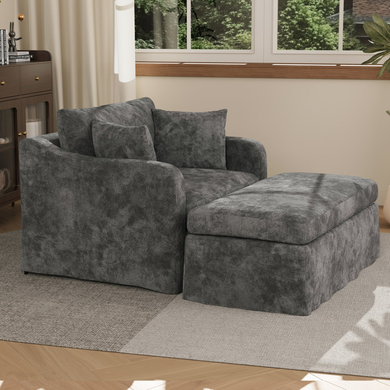 Accent Chair Set,Chenille Accent Armchair And Ottoman, Charcoal