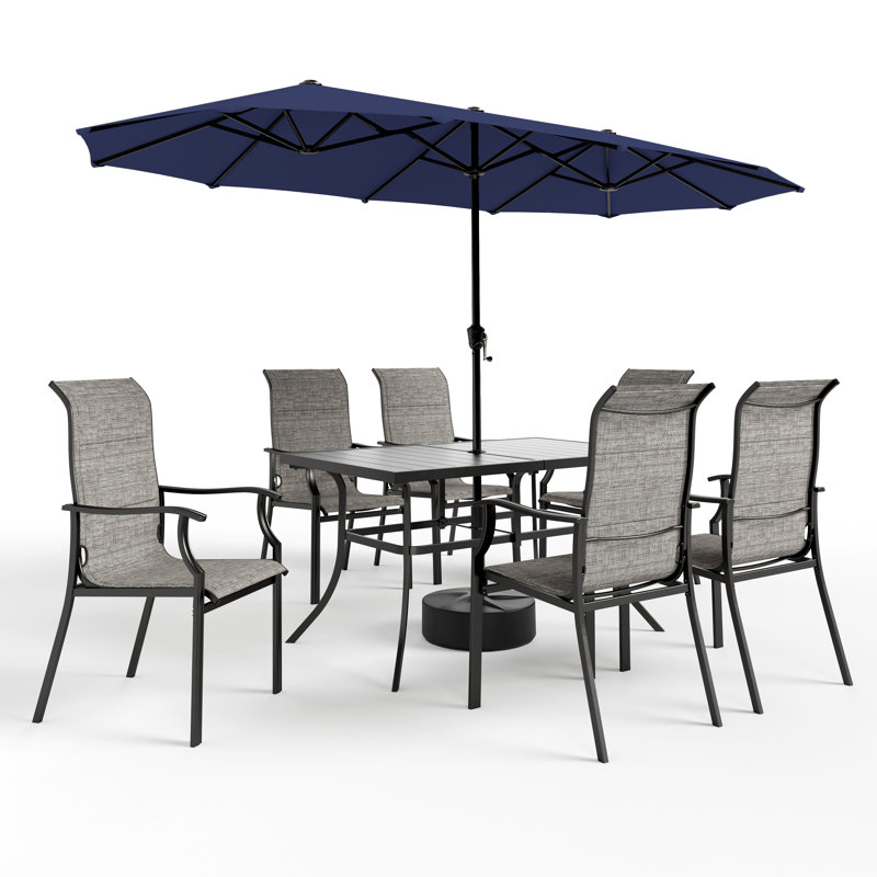 Table de salle à manger rectangulaire en métal pour 6 personnes avec parasol, Marine