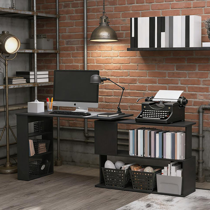 Poste de travail spacieux avec table d'écriture, bureau d'ordinateur en coin en L, bureau à domicile rotatif à 360 °, Noir