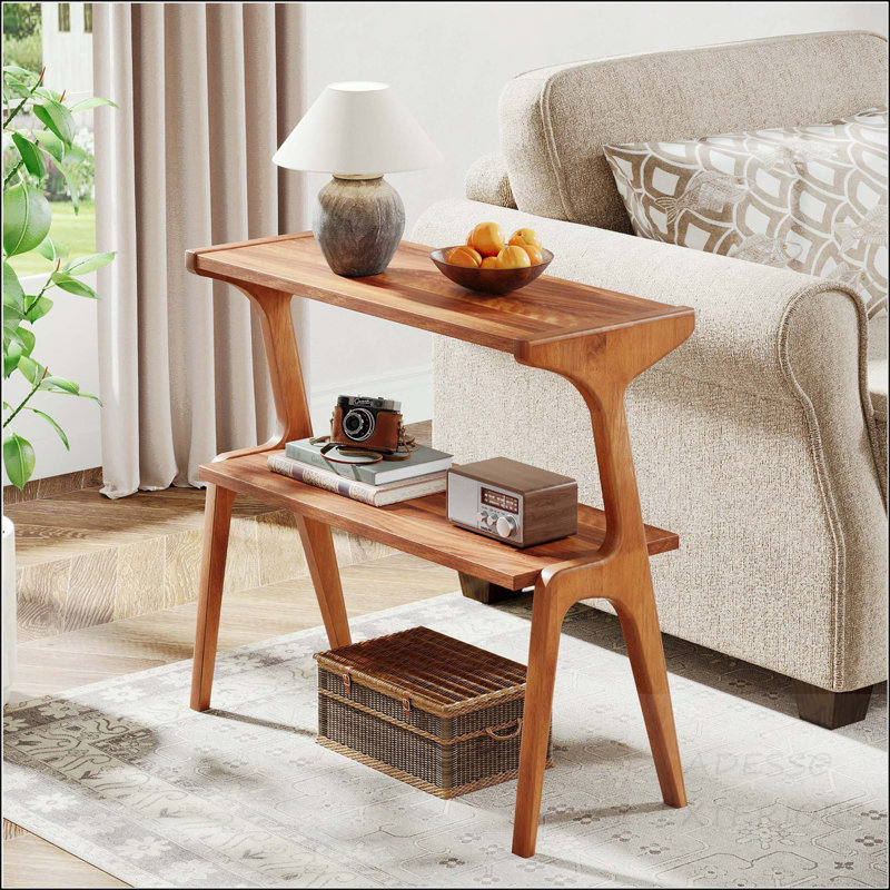 Solid Wood 2-Tier End Table with Curved Design