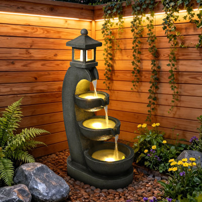 35 Inch Resin Lantern Outdoor Water Fountain With Lights, 4-Tier Cascading Garden Fountain For Patio Yard Decor