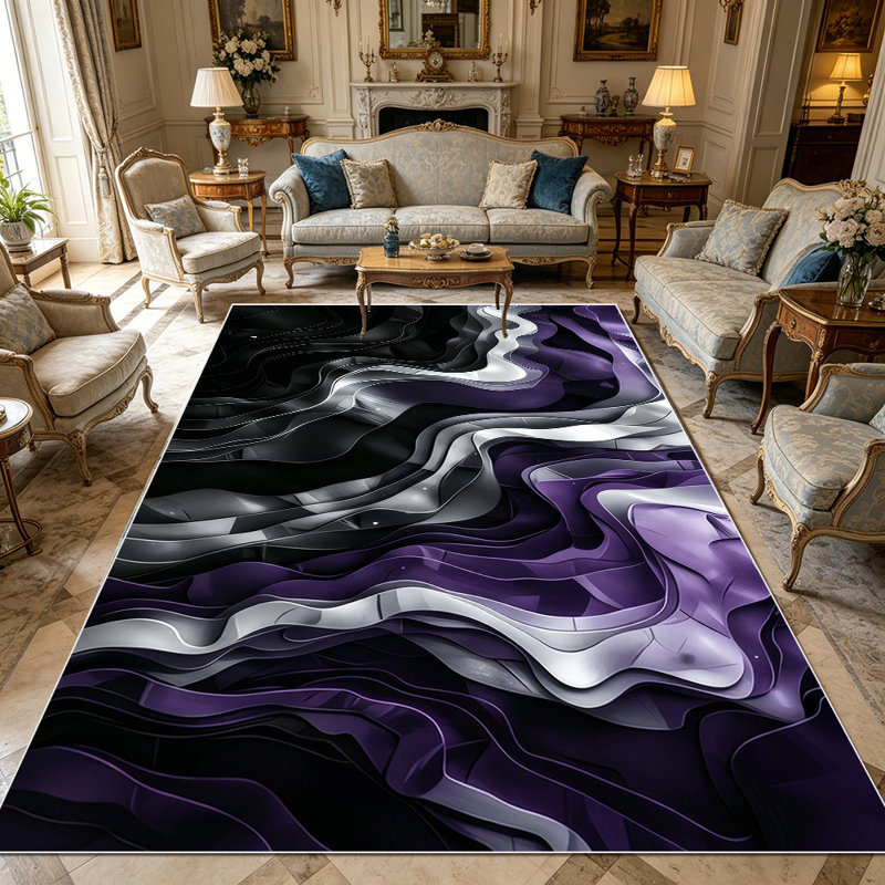 1PC Wavy Abstract Fluid Purple Black Silver Gradient area rugs for Living Room, Soft, All seasons, Easy-maintain, Washable Indoor mat, Farmhouse suitable for dining table, entryway, bedroom, kitchen, home office, patio, Home Decor, Outdoor Decor.