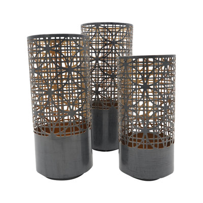 Lantern Set Of 3, Cylindrical Pieced Lattice Gold Gray Metal, 15,13,11 Inch