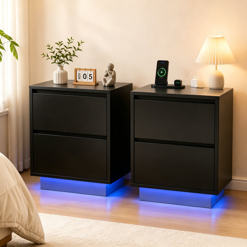 Tables de chevet à DEL noir ultrabrillant avec prises de courant, tables de chevet à 2 tiroirs et table de bout pour la chambre à coucher