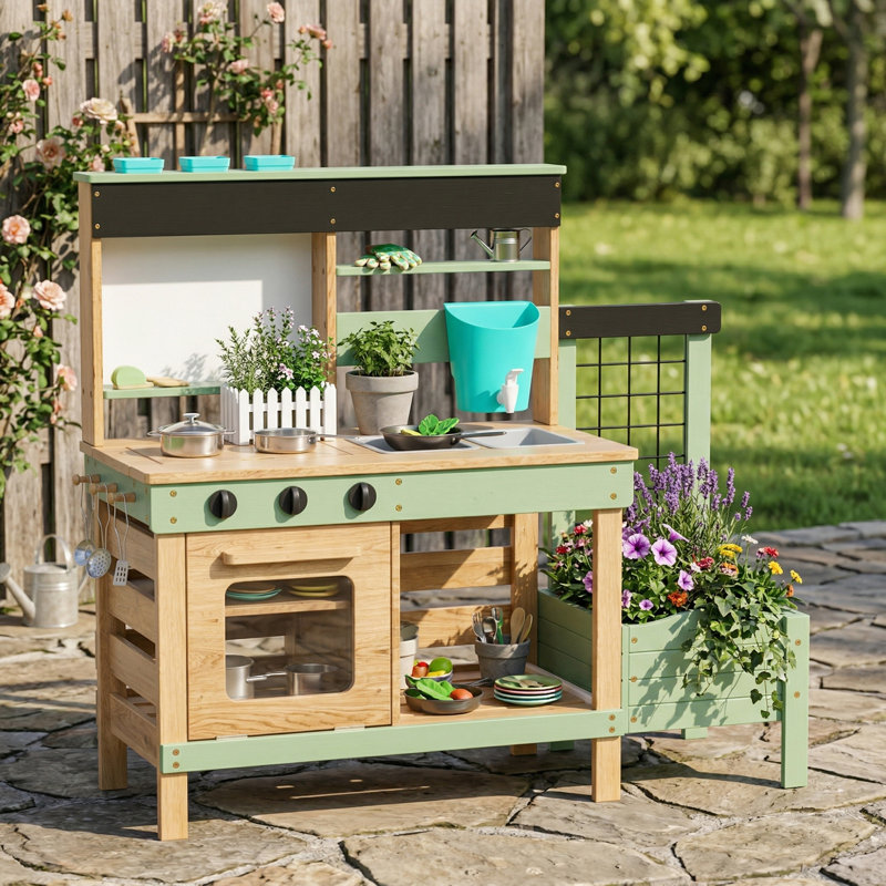Kids Wooden Outdoor Mud Kitchen Playset With Plant Growing Box, Removable Sink, Oven, Stove & Kitchen Accessories, Pretend Play Kitchen For Backyard And Garden