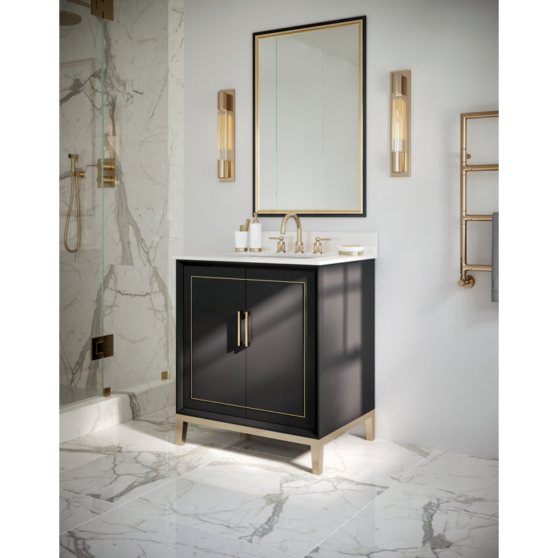 Gracie 30'' Single Bathroom Vanity with Top, Midnight Black, Satin Brass, White Quartz
