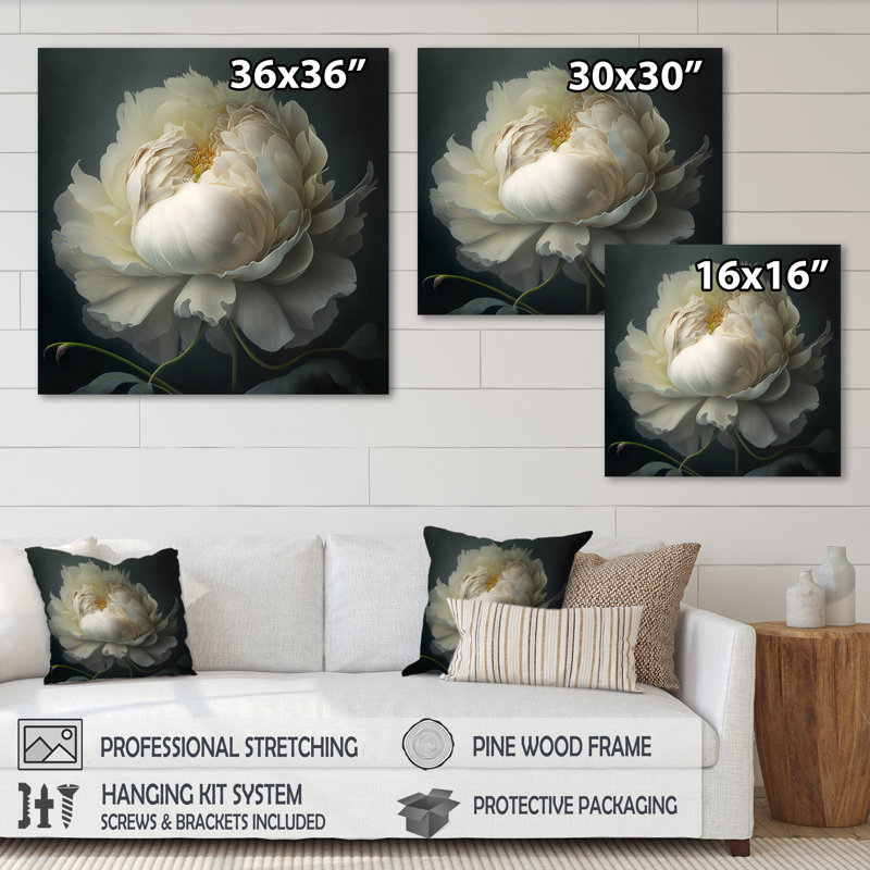 White Blossoming Peony On Black I - Peony Wall Art, 30" H x 30" W, Wrapped Canvas, No Frame
