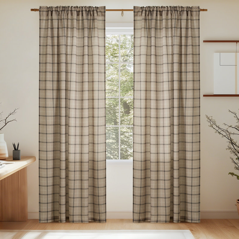 Linen Plaid Curtains Modern Window Panels Check Tartan Light Filtering Curtains for Living Room Bedroom, Rod Pocket Back Tab, 2 Panels