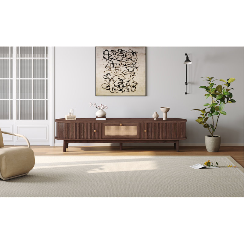 Modern Design TV Stand For 75" Tvs, Media Console TV Cabinet With Rattan-Front Drawer For Living Room, 1 Drawer And 2 Sliding-Door Cabinets
