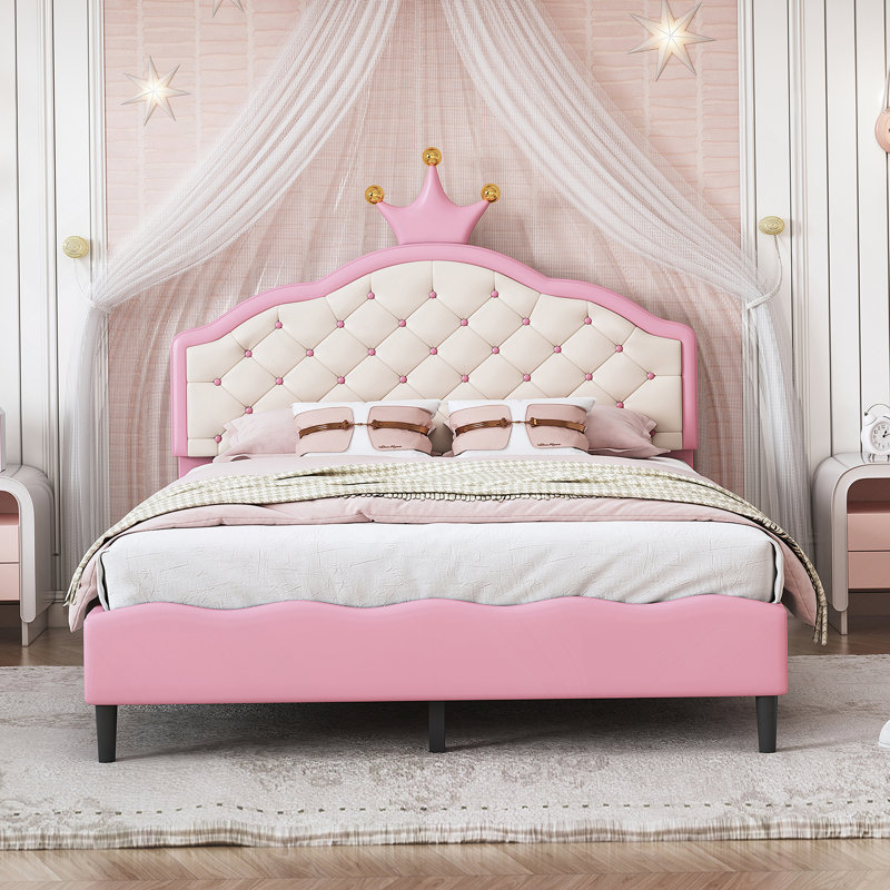 Lit princesse pleine grandeur en similicuir avec tête de lit capitonnée, rose et crème, Beige / Rose, Double
