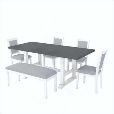 6-Piece Updated 76.9inch Extendable Trestle Dining Table Set with Removable Leaf, Kitchen Table Set with Upholstered Side Chair and  Bench