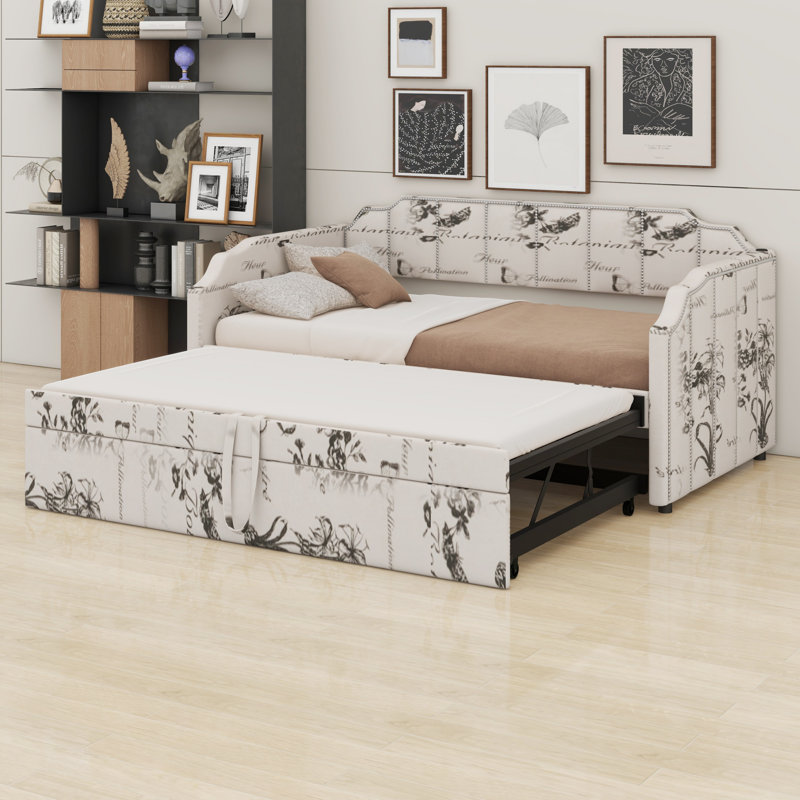 Upholstered Daybed with Pop-Up Trundle for Guest Room & USB Charging Ports, Botanical Print