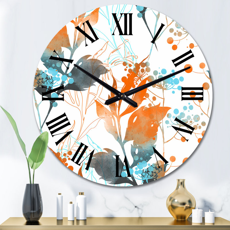 Horloge murale boho orange et feuilles bleues, Surdimensionné