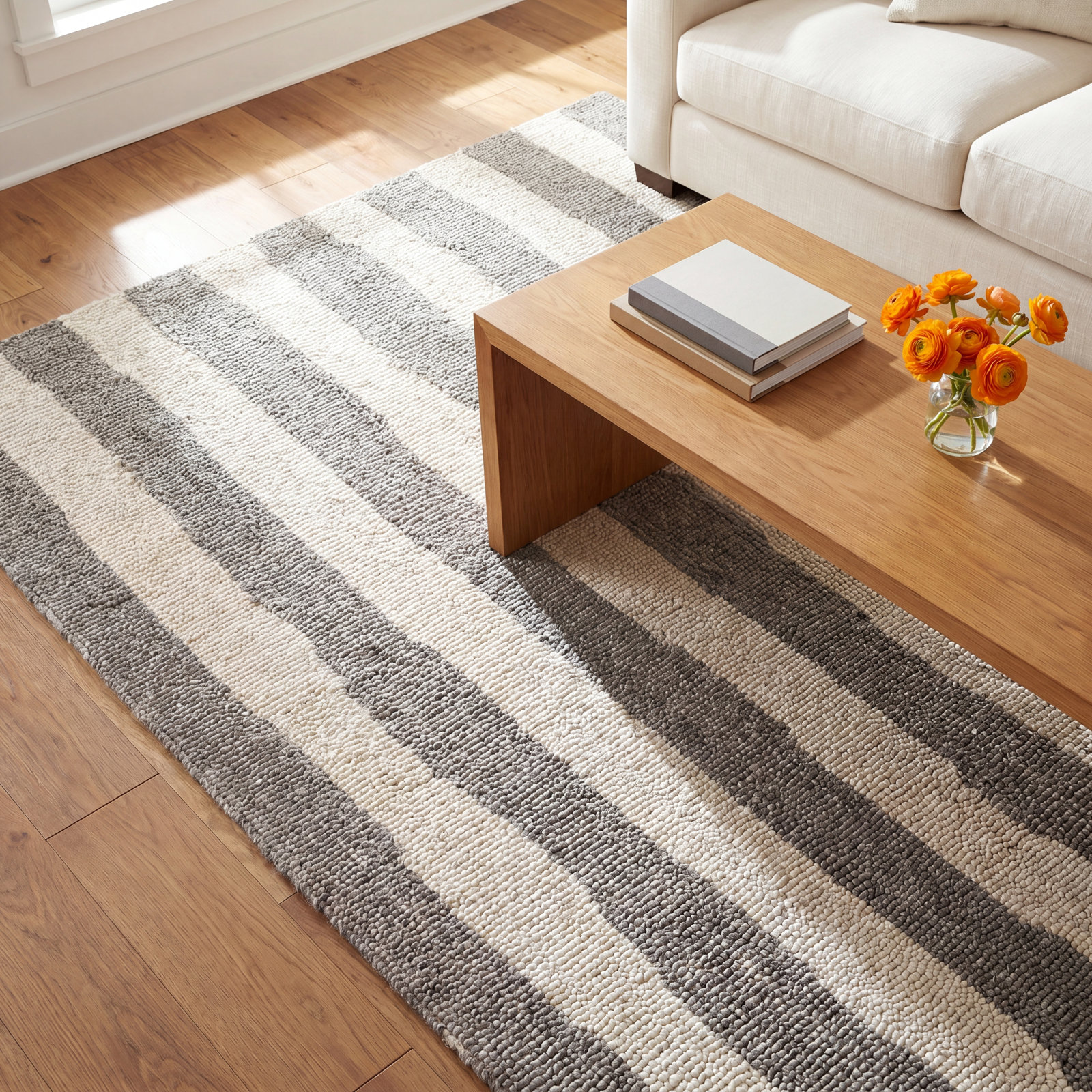 Grey Hand-Hooked Striped Wool Rug, Rectangle 7'6" x 9'6"