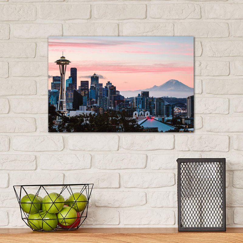 Skyline At Dawn With Mt. Rainier, Seattle, Usa by Matteo Colombo - No Frame Print on Canvas, 30.48 cm H x 45.72 cm W