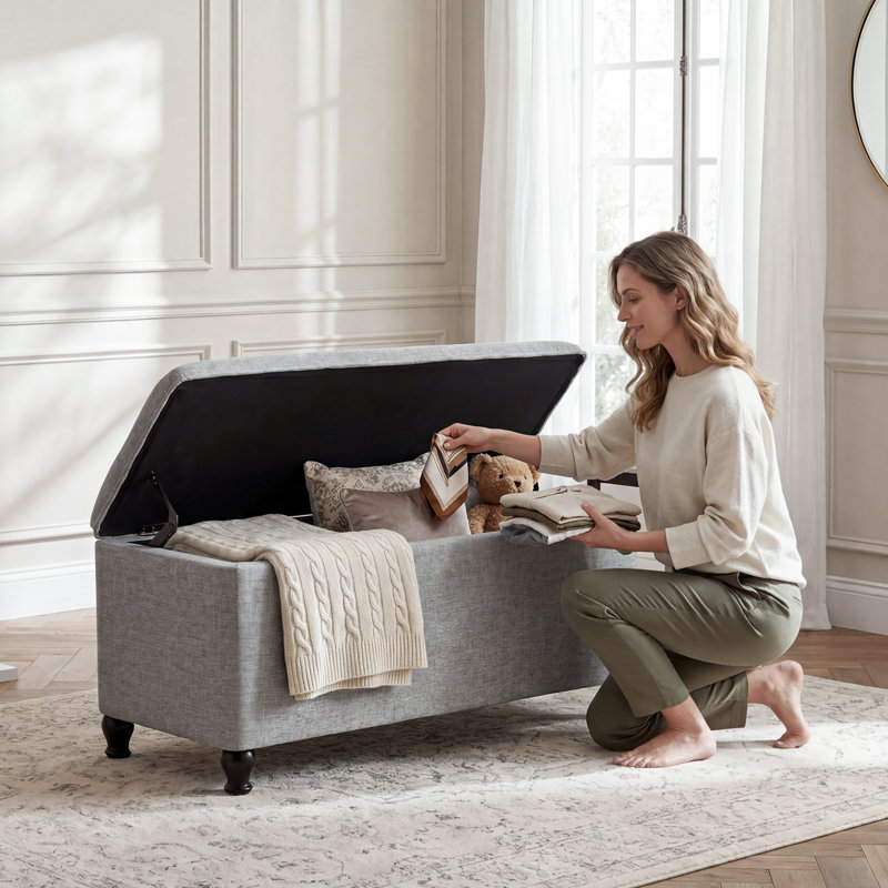 41" Rectangle Linen Storage Ottoman Bench, Gray