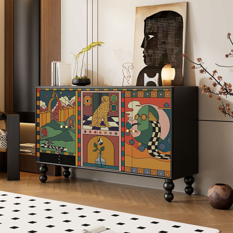 Armoire d'appoint moderne en bois massif noir, 59.06, Black+Orange