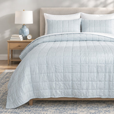 100% French Linen Solid Box Stitch Quilt Set with Shams