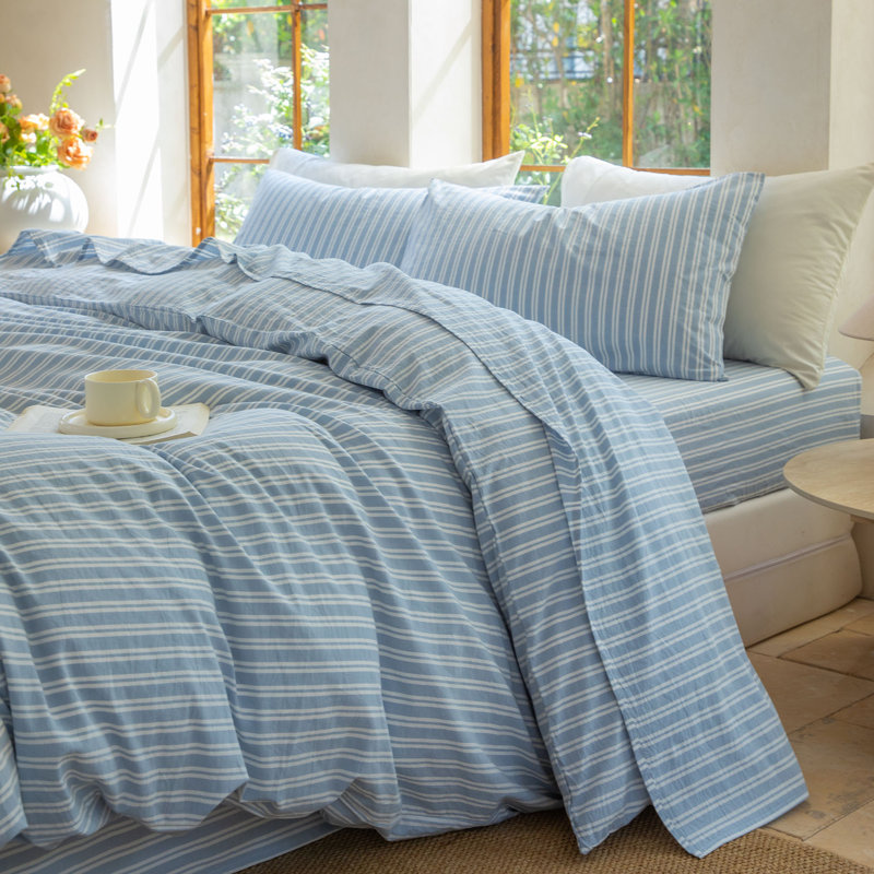100% Washed Cotton Bedding Sheet Set 4 Pieces,1 Fitted Sheet,1 Flat Sheet and 2 Pillowcases,Comfy Textured Sheet Set