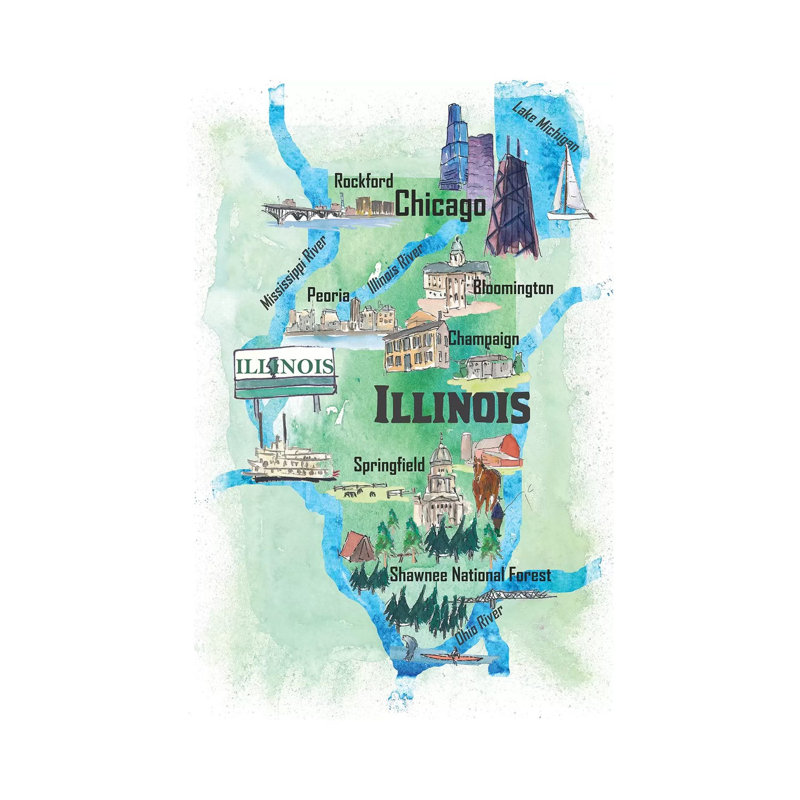 USA, Illinois Illustrated Travel 1 Piece Wrapped Canvas Wall Art, 20.32 cm H x 30.48 cm W