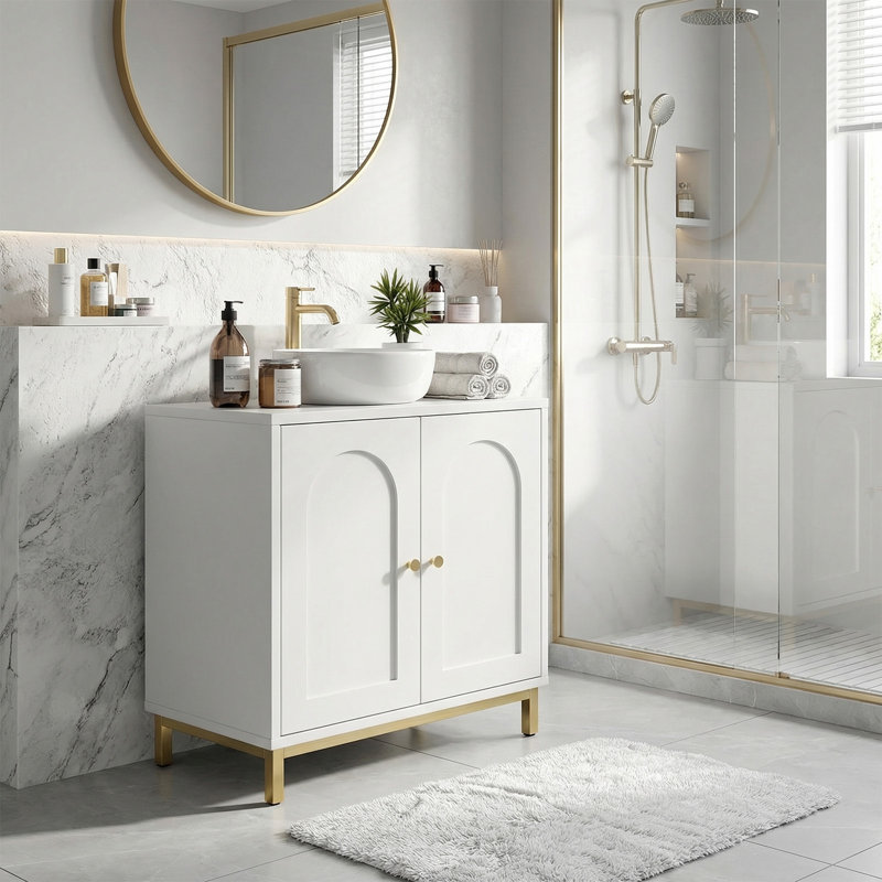 Meuble-lavabo moderne 24,8 po avec lavabo, armoire autoportante blanche avec pieds dorés et meuble-lavabo à porte arquée pour petits espaces