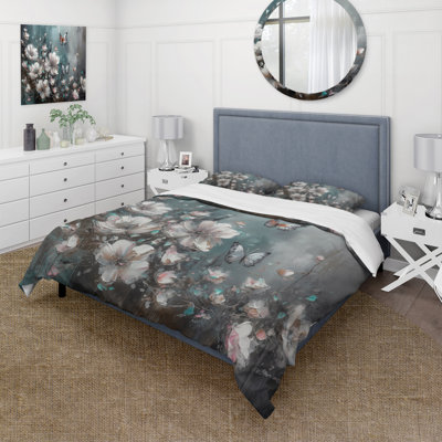 Flowers With Butterflies Painting II BeddingMicrofiber / Polyester Duvet Cover Set