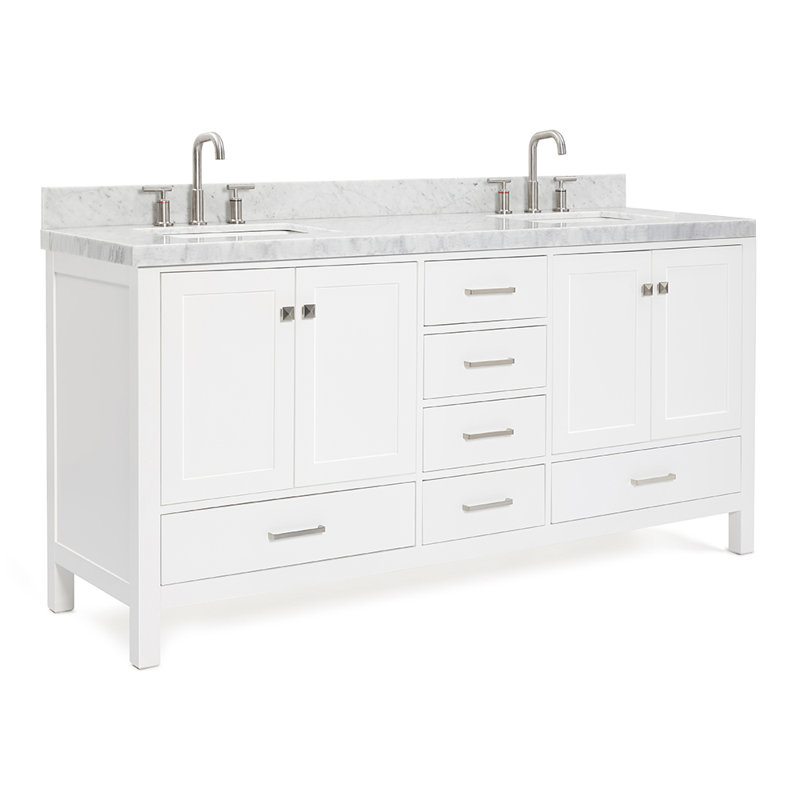 Cambridge 72'' Solid Wood Double Bathroom Vanity in White, with 2'' Carrara Marble Top, Center, Rectangle Sink, Rectangle